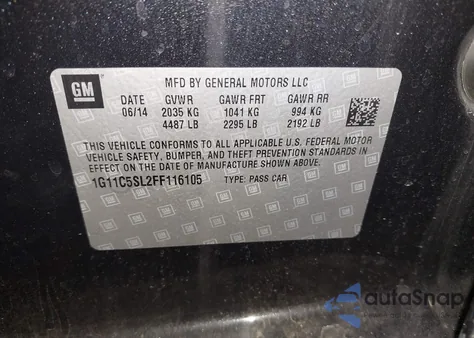 2015 Chevrolet Malibu 1Lt from USA, damaged, VIN 1G11C5SL2FF116105